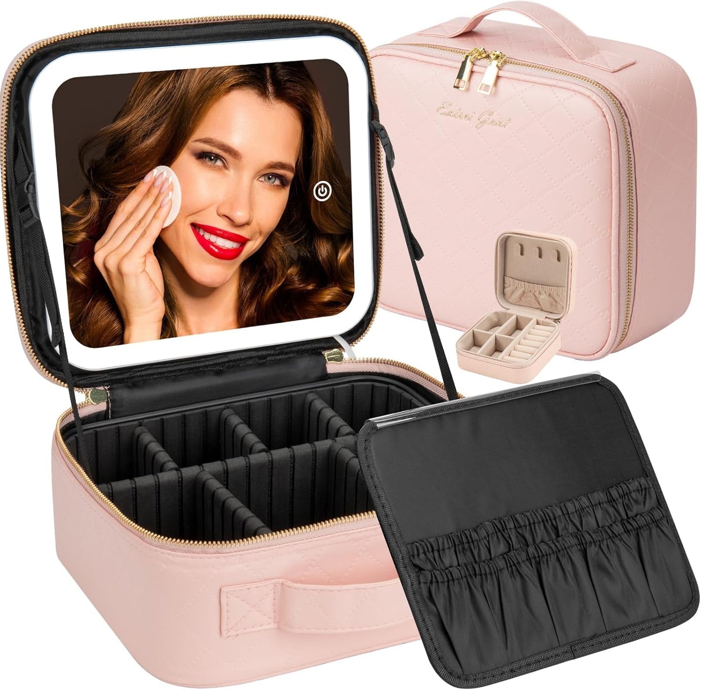 Makeup Travel Train Case with Mirror LED Light 3 Adjustable Brightness Cosmetic Bag Portable Storage Adjustable Partition Waterproof Makeup Brushes Makeup Jewelry Gift for Women (Pink checkered)