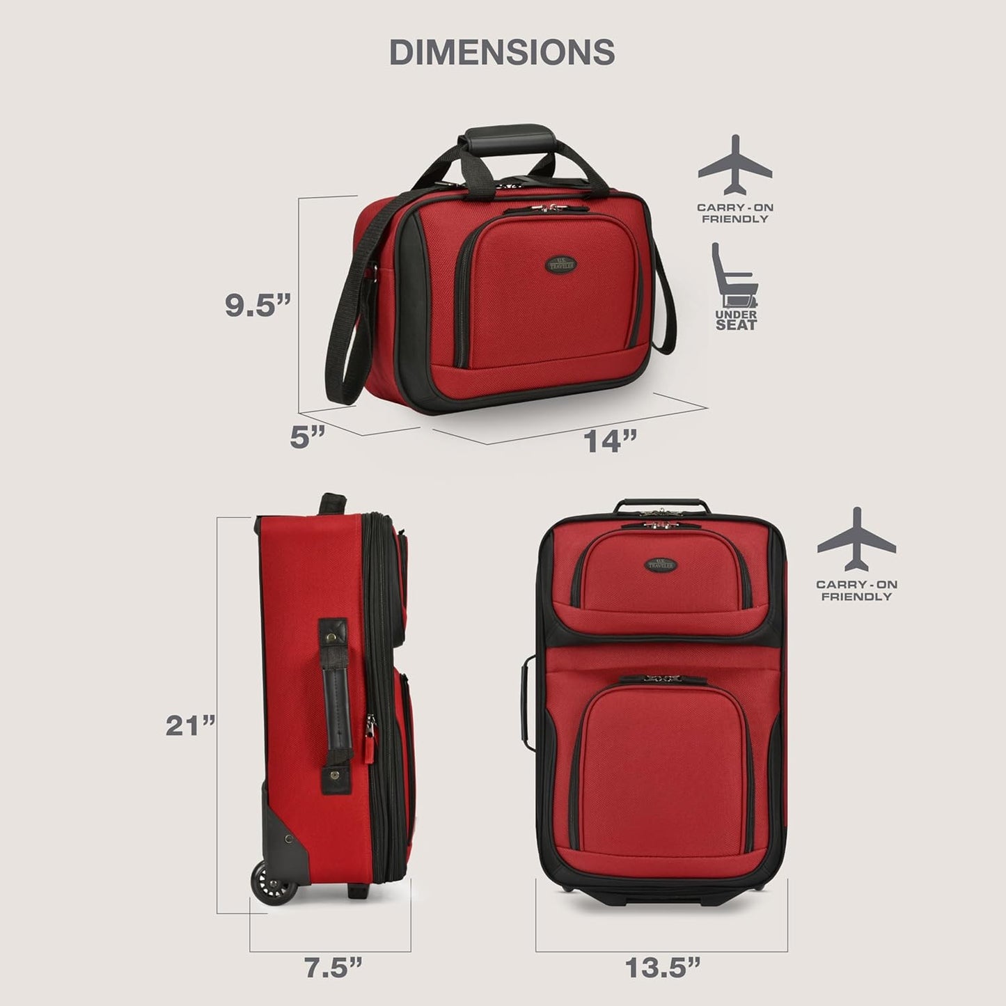 U.S. Traveler Rio Fabric Expandable Carry-on Luggage, Rolling Suitcase, Red, 2 Wheel Set