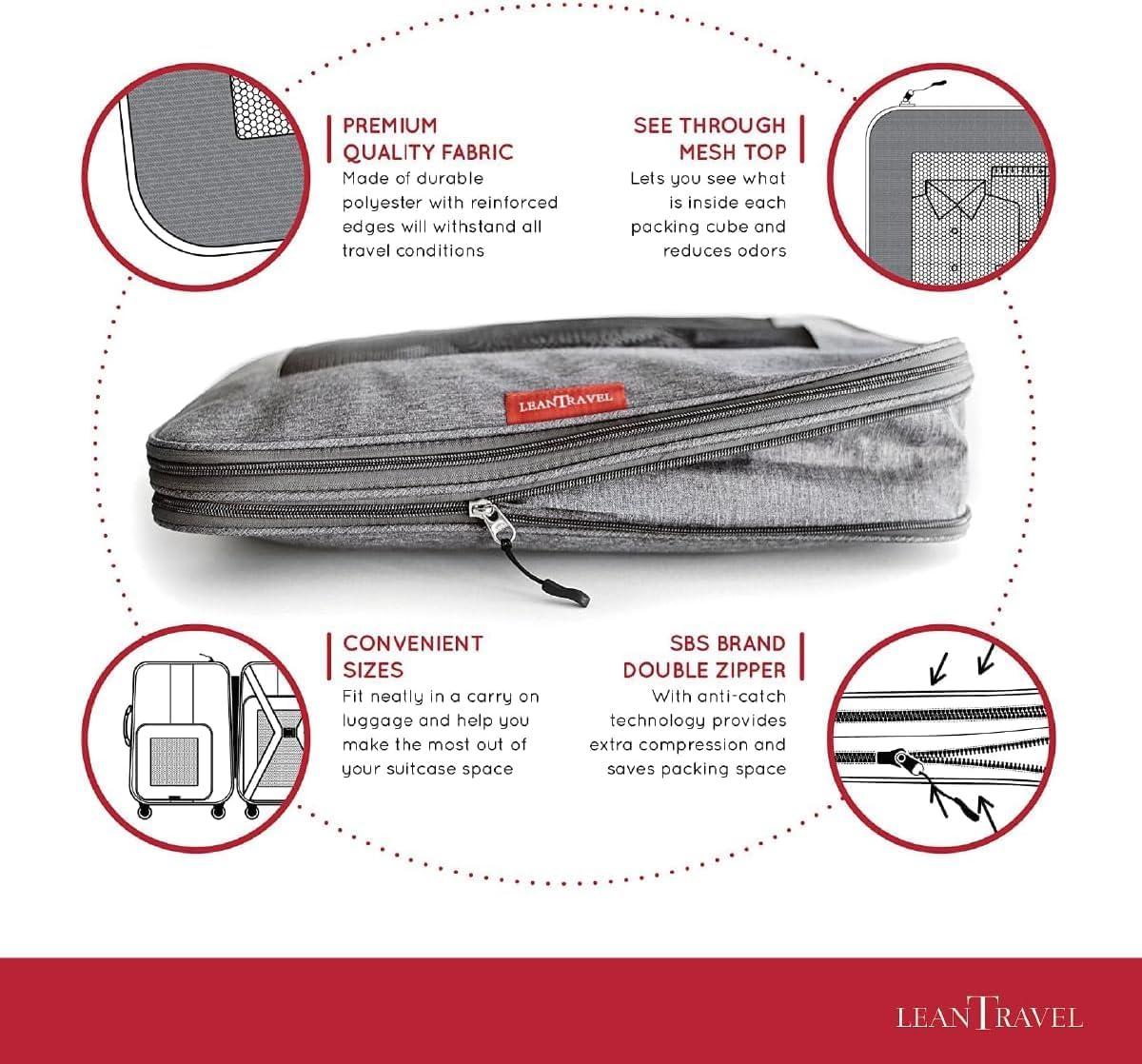 LeanTravel Compression Packing Cubes for Travel Organizers with Double Zipper (6-Pack (2L+2M+2S), Sand)