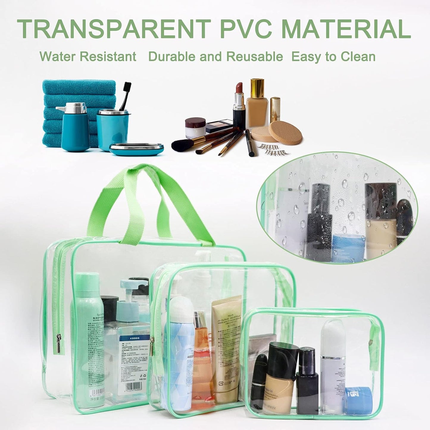 APREUTY Clear Makeup Bags, TSA Approved 6 Pcs Cosmetic Makeup Bags Set Clear PVC with Zipper Handle Portable Travel Luggage Pouch Airport Airline Vacation Organization (Green)