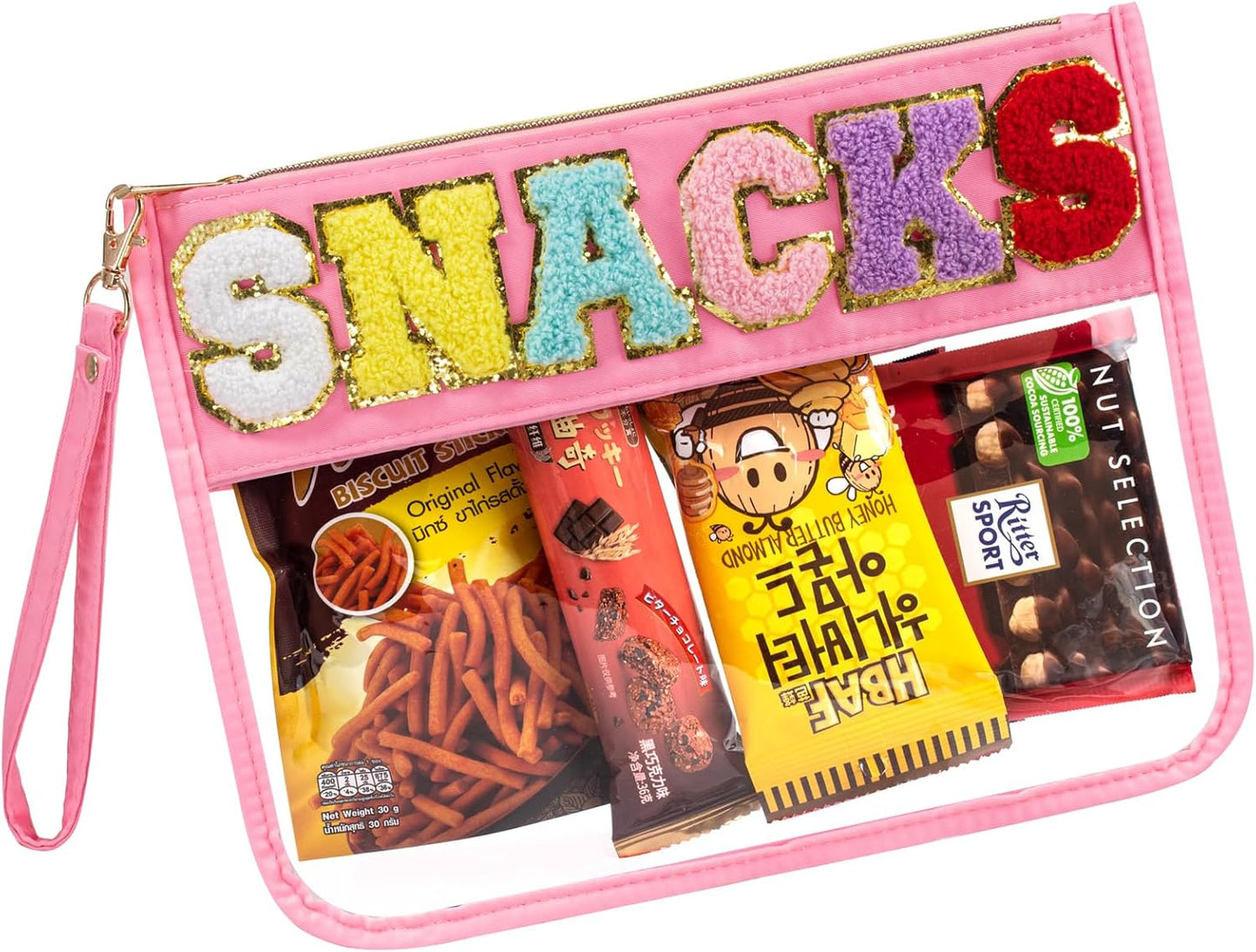 Snack Bag Clear Makeup Bag, Chenille Letter Clear Zipper Pouch Nylon Cosmetic Pouch Organizer Sunscreen Toiletry Bag Waterproof Summer Beach Organizer Travel Gifts for Women Girls