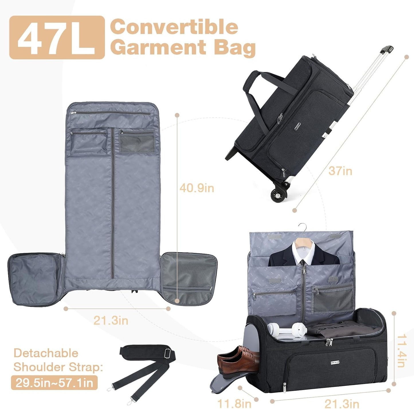 Garment Bags with Wheels, Garment Convertible Weekender Bags, Large Garment Bags for Travel, Duffle Luggage Bag Garment Bag (Black)