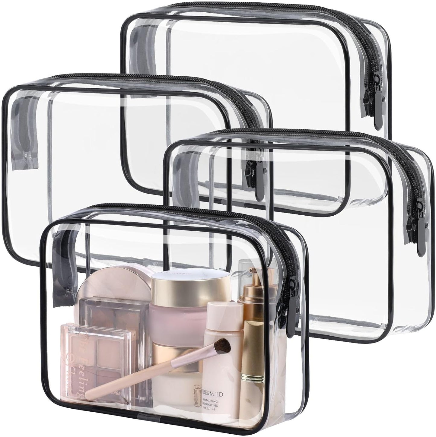 PACKISM Clear Makeup Bags, 4 Pack Quart Size Travel Bag TSA ApprovedTravel for Toiletries, Cosmetic Bags Carry on Clear Toiletry TSA Approved Toiletry, Black