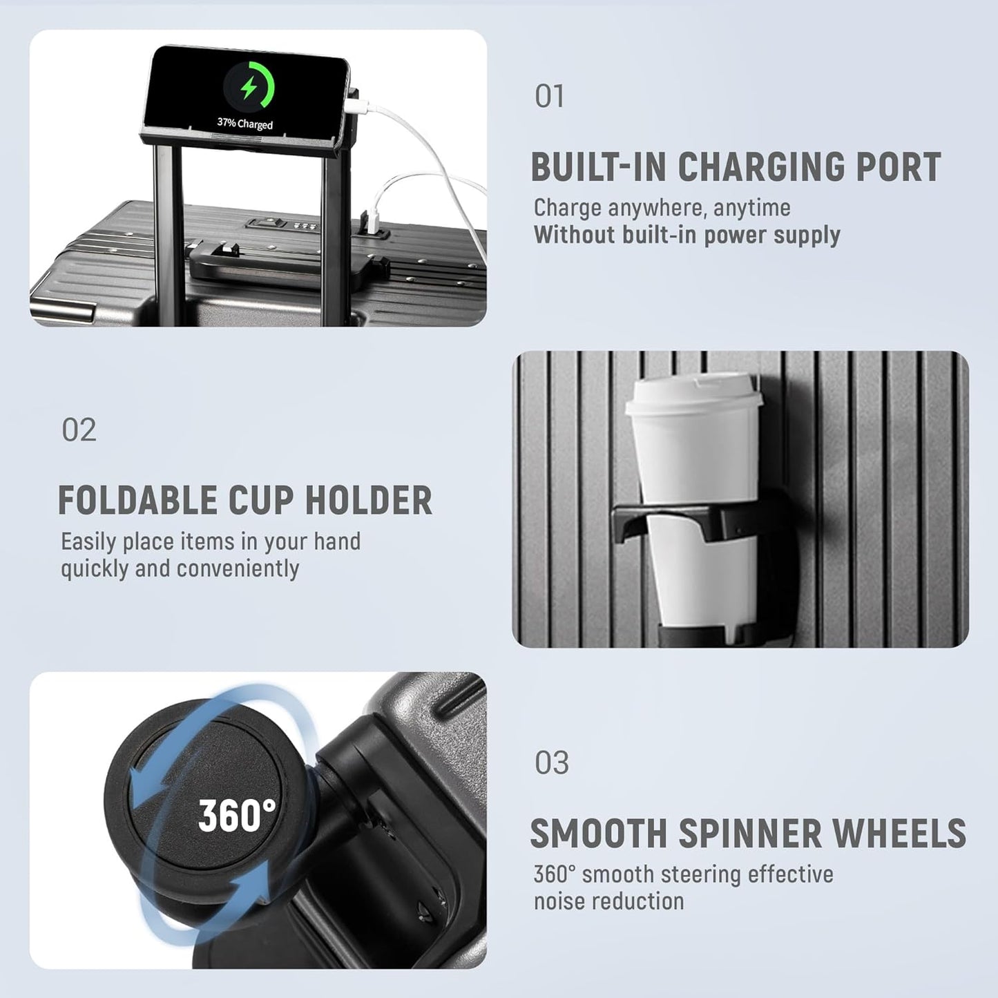 UrbanExplorer 24 Inch Check-In Aluminum Frame Luggage, ABS+PC Hard Shell Suitcases with Spinner Wheels TSA Approved Checked Luggage, Zipperless Suitcases with Cup Holder, Gray