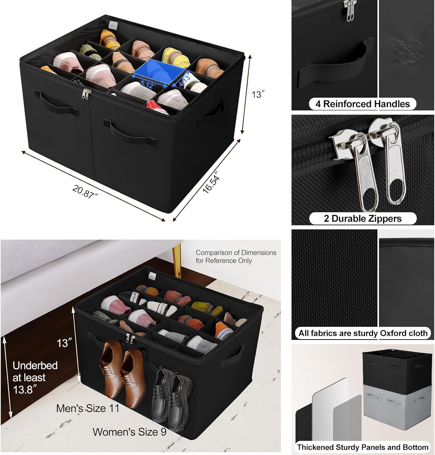 Shoe Organizer for Closet 2 Pack, Foldable Shoe Box with Adjustable Dividers and Clear Cover, Space Saving Shoe Storage Organizer Cabinet with Reinforced Handles, Fits 32 Pairs, Black TP12B