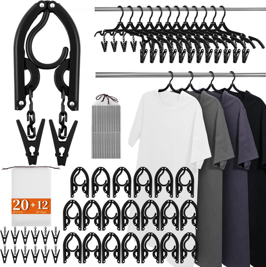 20 Pack Foldable Travel Hangers with 12 Clips - 2025 Cruise Essentials, Portable Collapsible Plastic Hangers-Travel Must Haves for Suitcase, Hotel, RV, Road Trip, Flying, Camping | Black