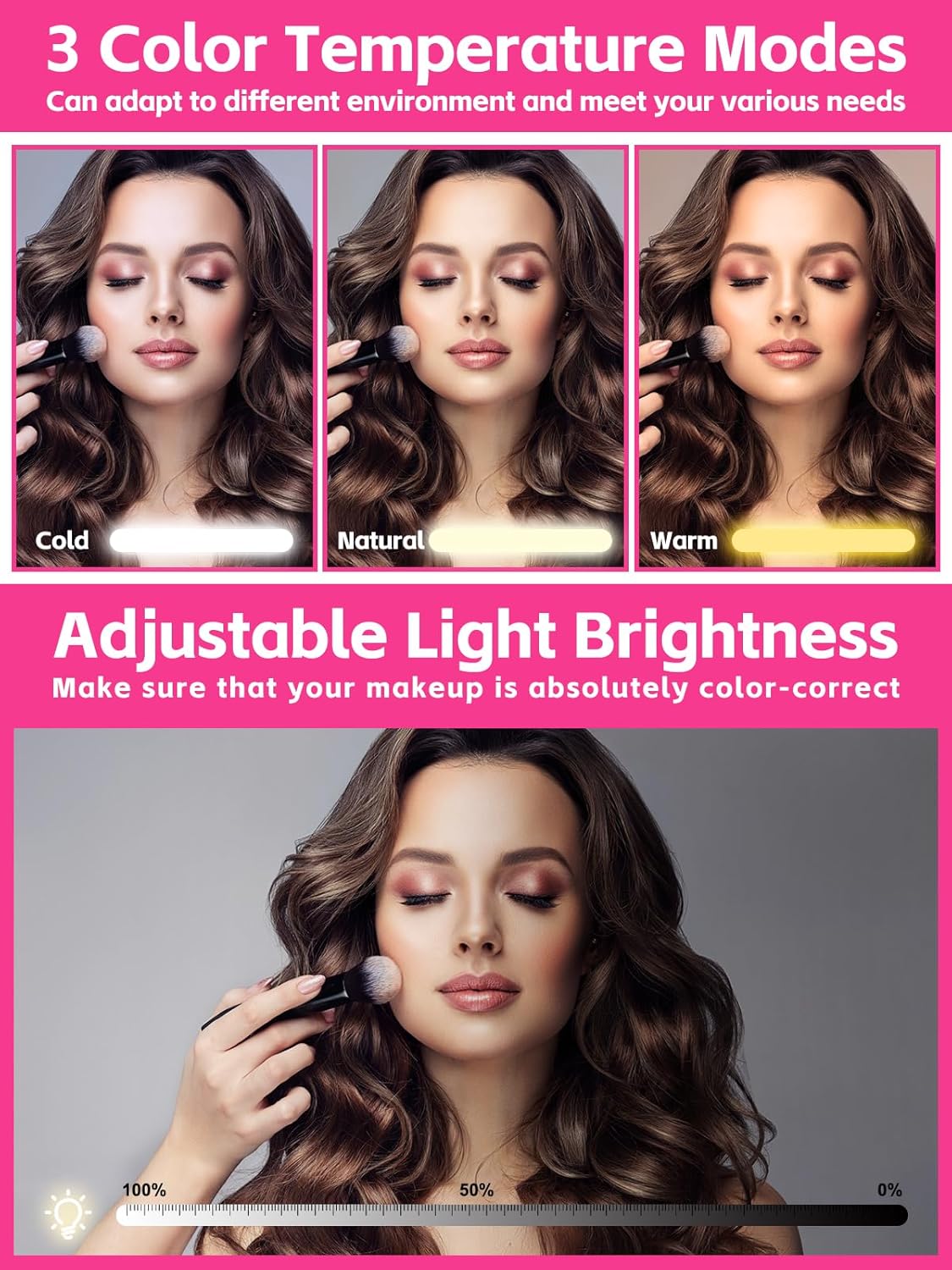 Kalolary Travel Makeup Train Cases with Lighted Mirror 3 Color Setting, Makeup Bag Cosmetic Case Organizer Adjustable Brightness Portable Makeup Storage Box with Detachable 5X Magnifying Mirror, Pink