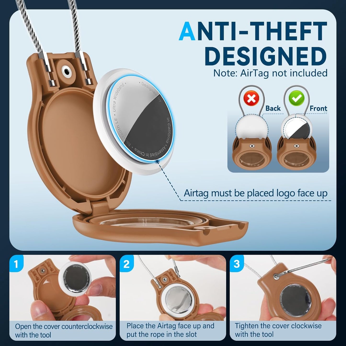 Waterproof Airtag Holder,Airtag Case with Secure Lock,Airtags Keychain for Apple Airtag,Anti-Lost Protective Cover Air tag Accessories for GPS Item Finder Tracker Luggage,Bag,Key,Pet,Cat Dog-Brown