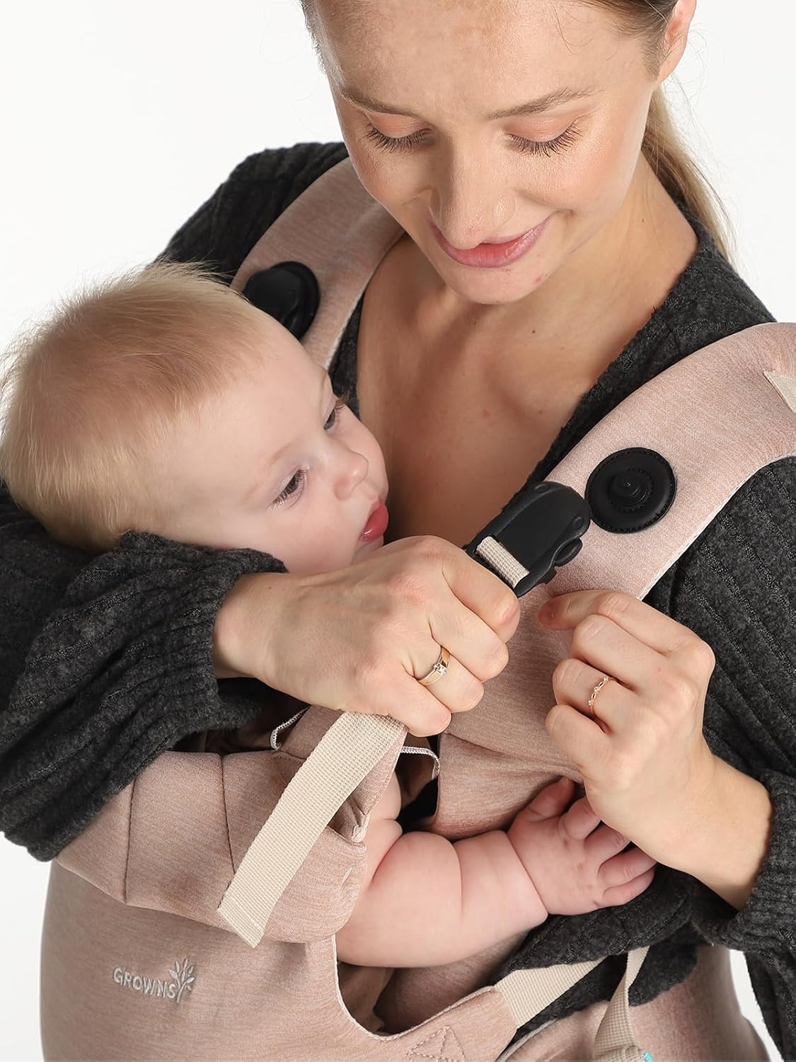 Grownsy Baby Carrier Newborn to Toddler (7-44lbs), Ergonomic & Cozy Wraps with One-Click Buckle, Head Support for Hands-Free Comfort, Dusty Pink