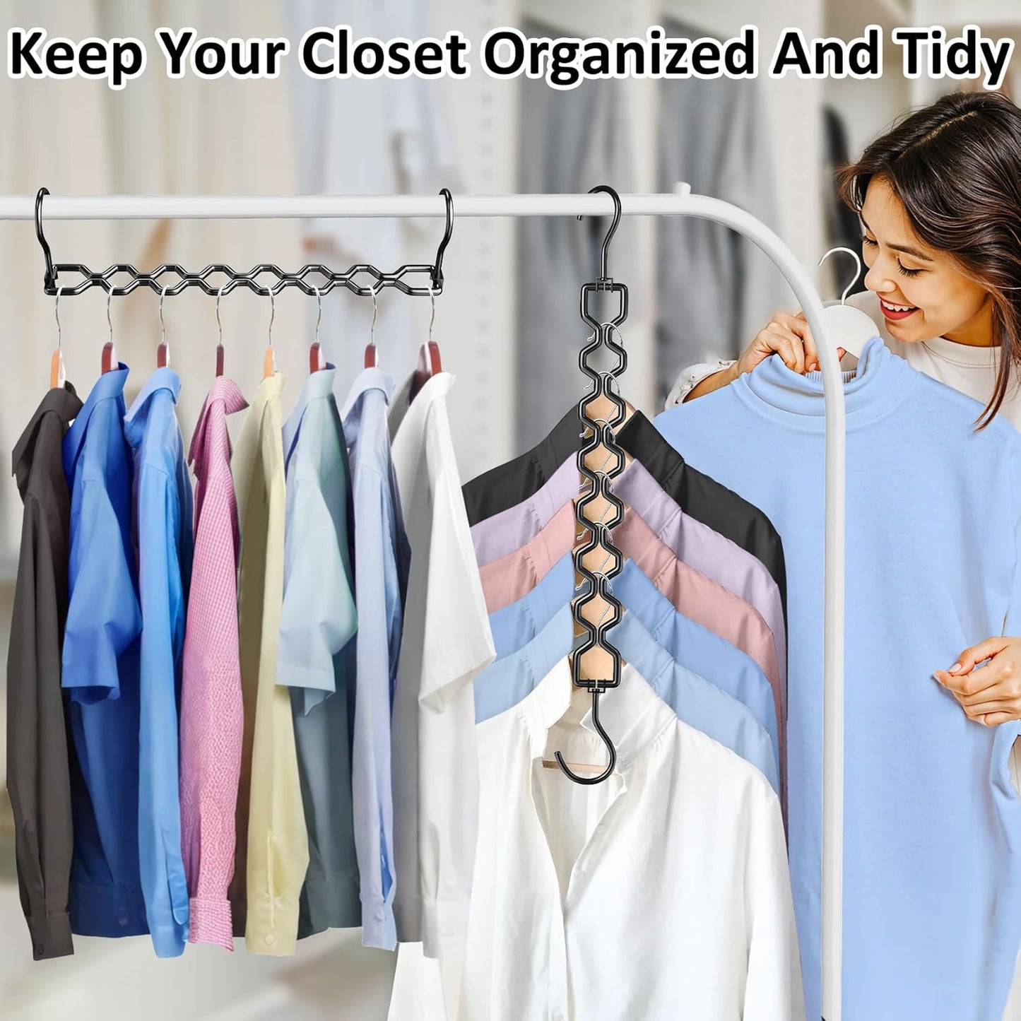 12 Pack Space Saving Hangers for Clothes, Heavy Duty 30Lbs Capacity Magic Clothes Space Saver Sturdy Metal Hanger Organizer with 360° Swivel Hook, Closet Organizers Storage Dorm Essentials Black