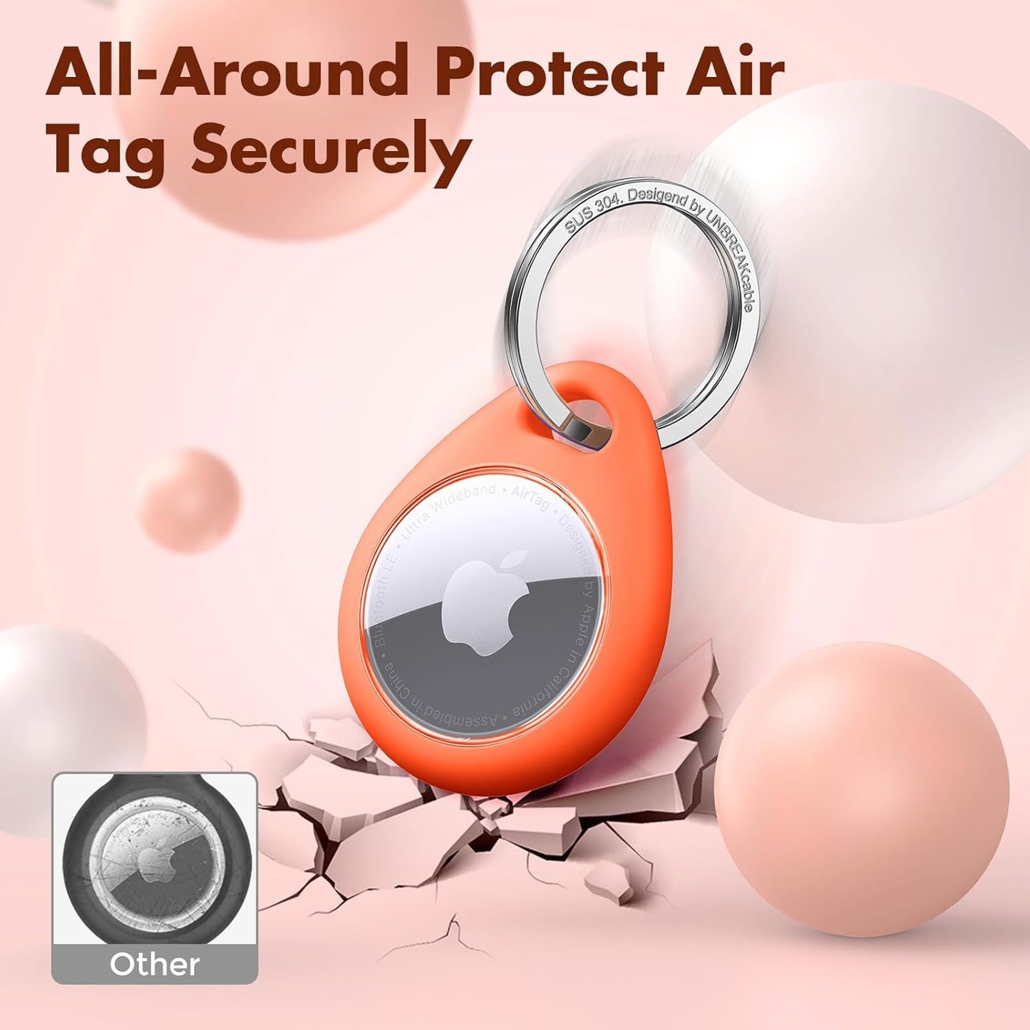 UNBREAKcable AirTag Holder for Apple - 4 Pack Air Tag Case [Fit Tightly Design] [Easy to Install] [Hold Air Tag Securely] Waterproof TPU Shell Protective Cover with All Metal Keychain (Orange&Green)