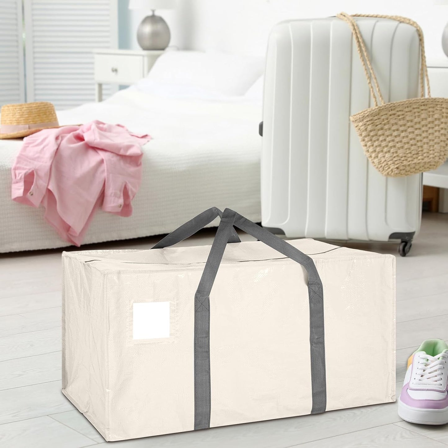 8 Pack Extra Large Moving Bags Heavy Duty Packing Bags with Extra Long Handles and Zippers Storage Totes for College Students Room Dorm Essentials Packing Supplies(Beige)