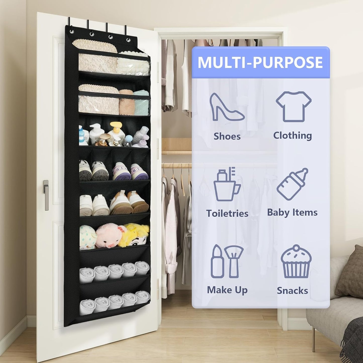 FENTEC 1 Pack 8 Shelves Over The Door Shoe Organizer, 68" Exlarge Deep Pockets Hanging Shoe Organizer, Shoe Rack for Closet, Shoe Holder for Boots,Over Door Organizer in Home, RV, Dorm, Black