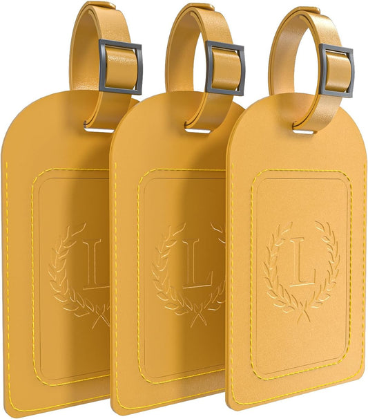 FESAS 3 Pack A-Z Alphabet Luggage Tags - Faux Leather Suitcase Tags with Privacy Cover & Replaceable Card - Initial Letter Monogram for Bags (Yellow)