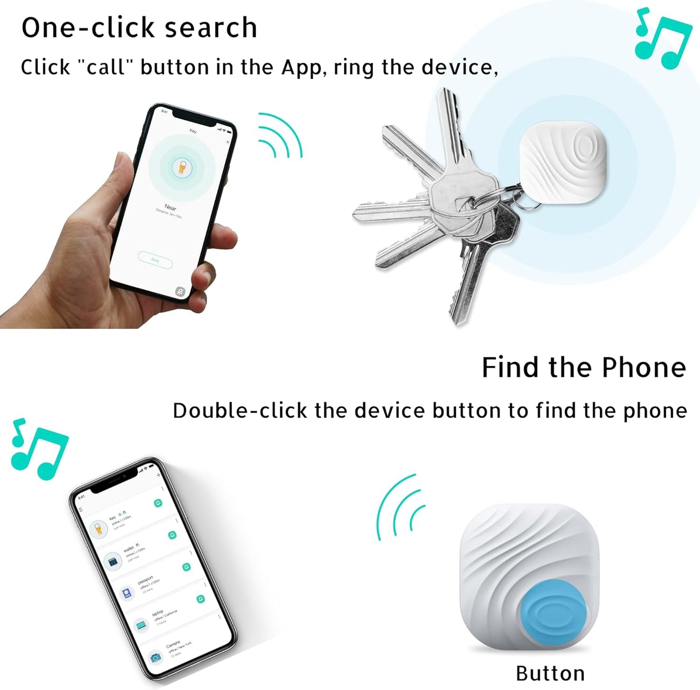 Key Finder, Bluetooth Tracker Item Locator with Key Chain for Keys Pet Wallets or Backpacks and Tablets, Batteries Include (2 White & 2Gray, 4 Pack)