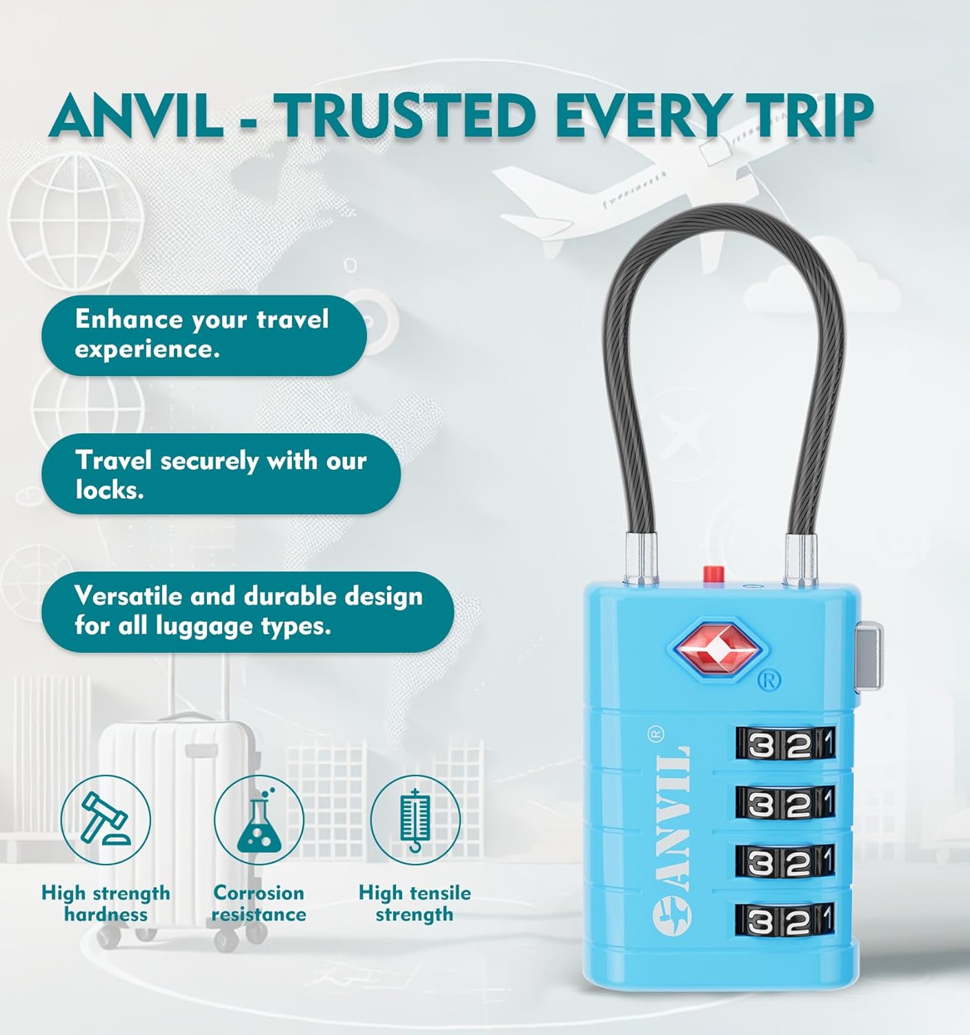 ANVIL 4 Digit Luggage Locks, TSA Locks for Luggage, Advanced TSA008 core, Alert Indicator for Your Travel Lock, Suitcase Lock. (2, Blue)