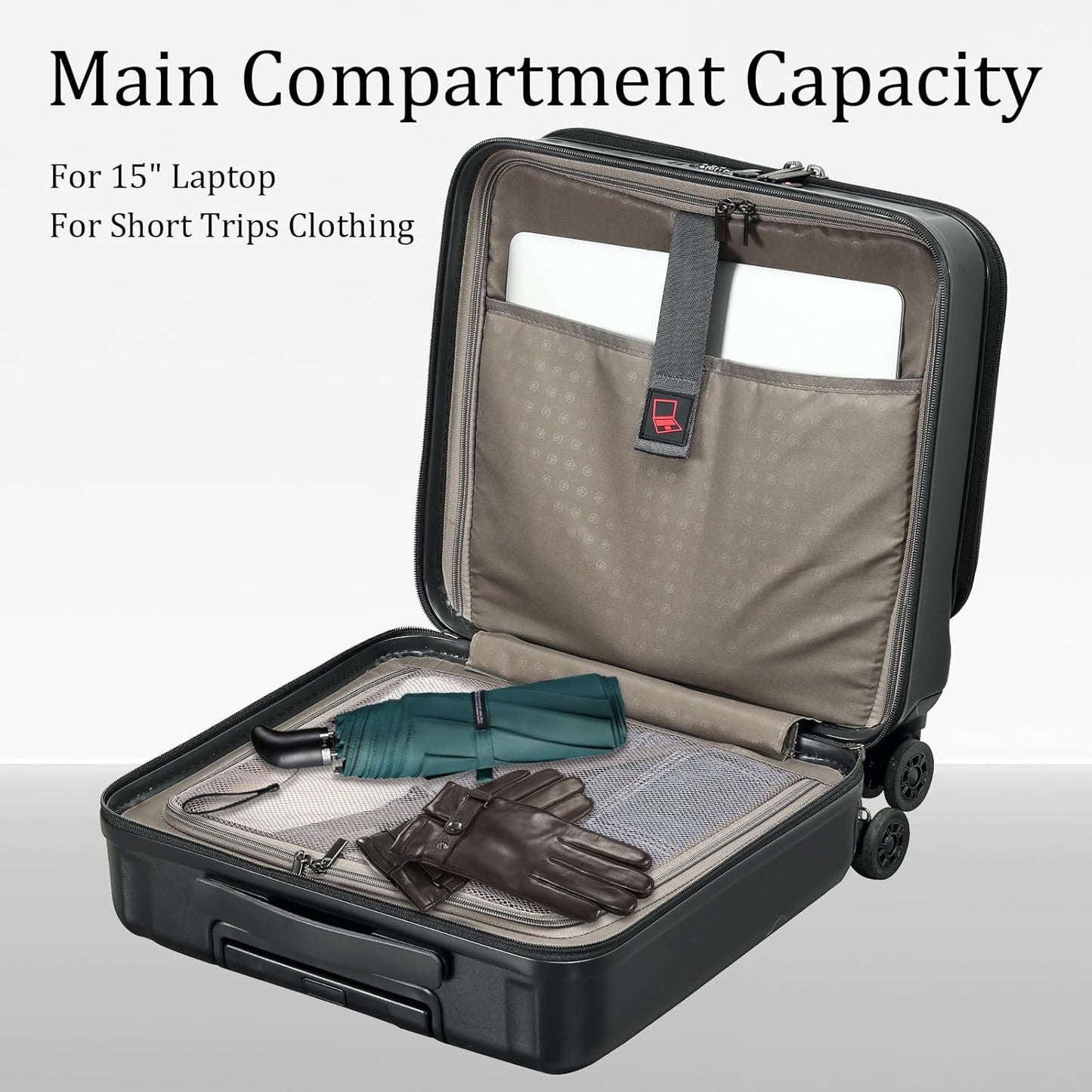 16 Inch Carry On Luggage with 2 Compartments for 14” & 15” Laptop, 16.14*8*17.12” Rolling Briefcase, Lightweight Hardshell ABS+PC Suitcase with Spinner Silent Wheels, for Business Trip, Black