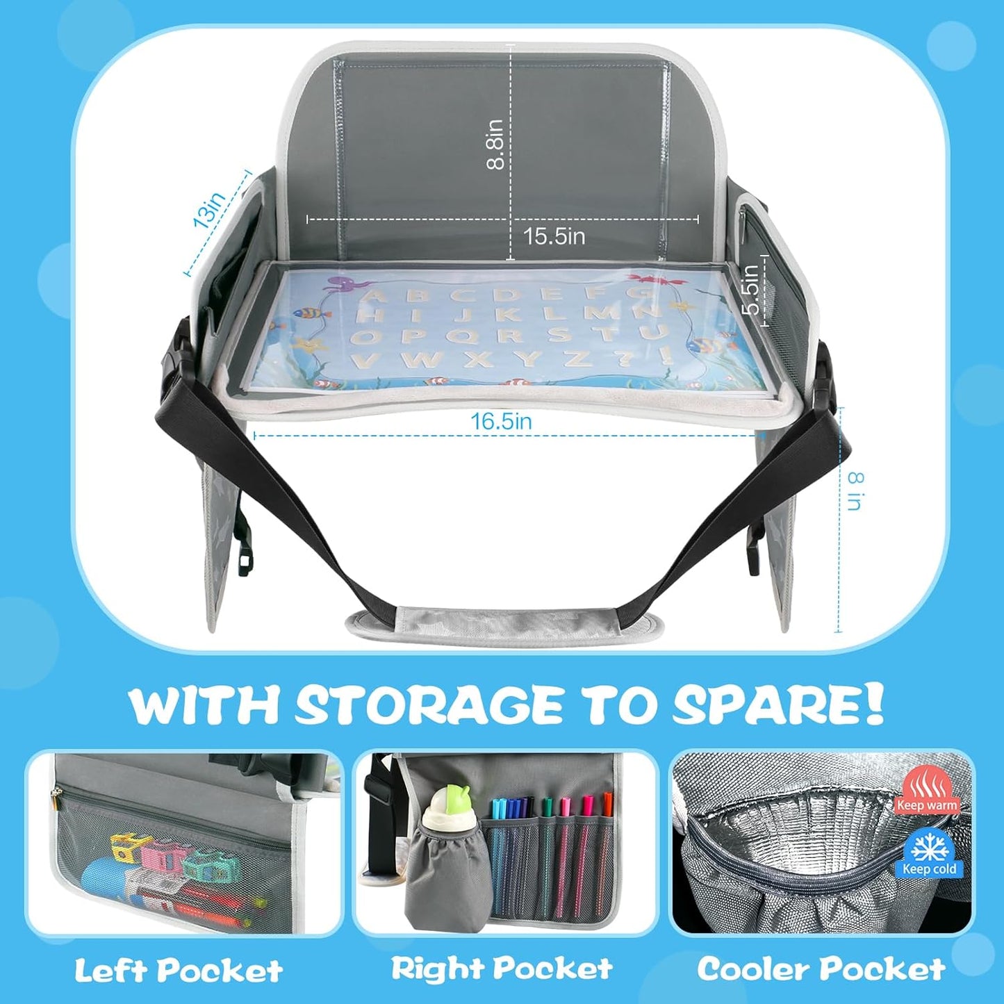 MENZOKE Kids Travel Tray for Boys or Girls, Travel Tray for Kids Car Seat with Tablet Holder, Dry Erase Board & Cooler Cup Holder, Road Trip Essentials Accessories for Car Trip, Airplane (2 Pack)