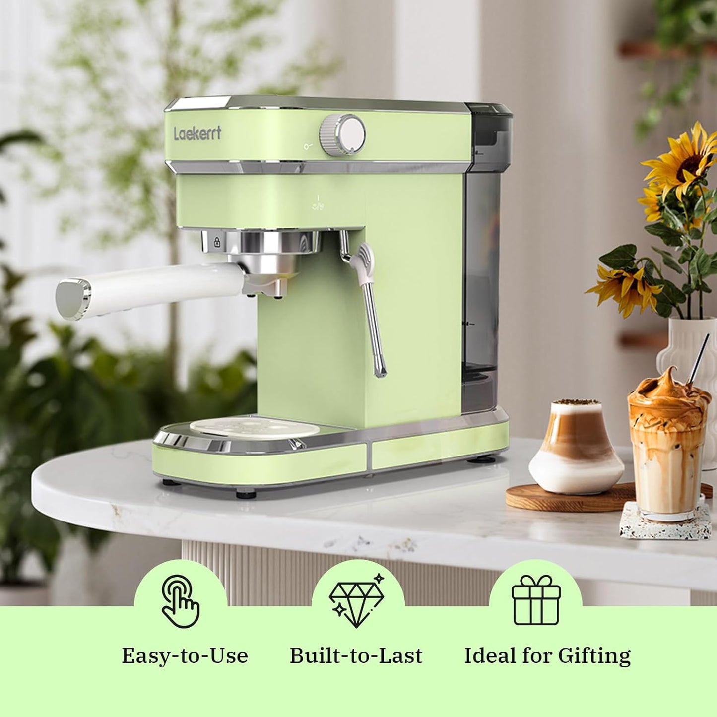 Laekerrt Espresso Machine 20 Bar Espresso Maker CMEP01 with Milk Frother Steam Wand, Professional Expresso Machine for Cappuccino and Latte (Stainless Steel, Green) Gift for Dad, Father, Coffee Lovers