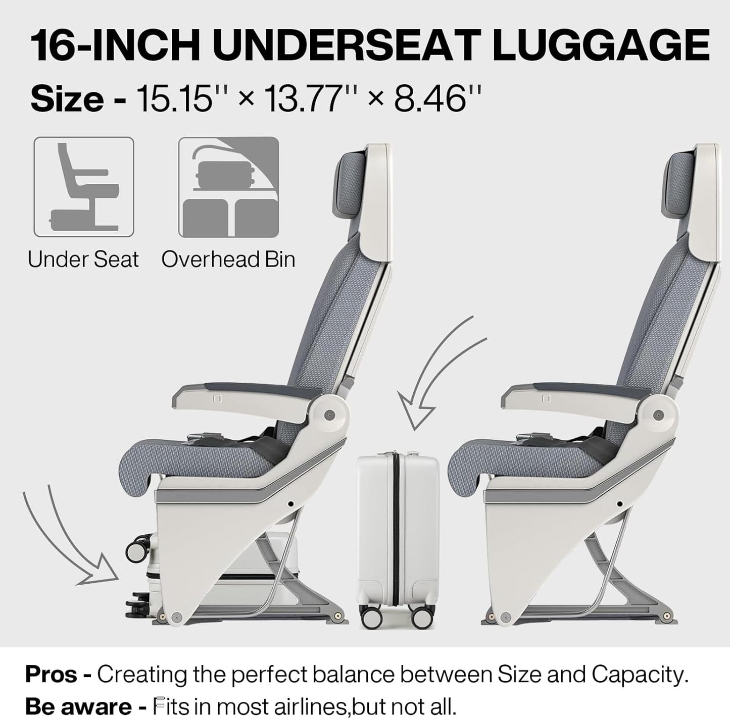 mixi Underseat Carry on Luggage 16 Inch Hardshell PC Suitcase with Spinner Wheels TSA Lock for Travel, Smoke White