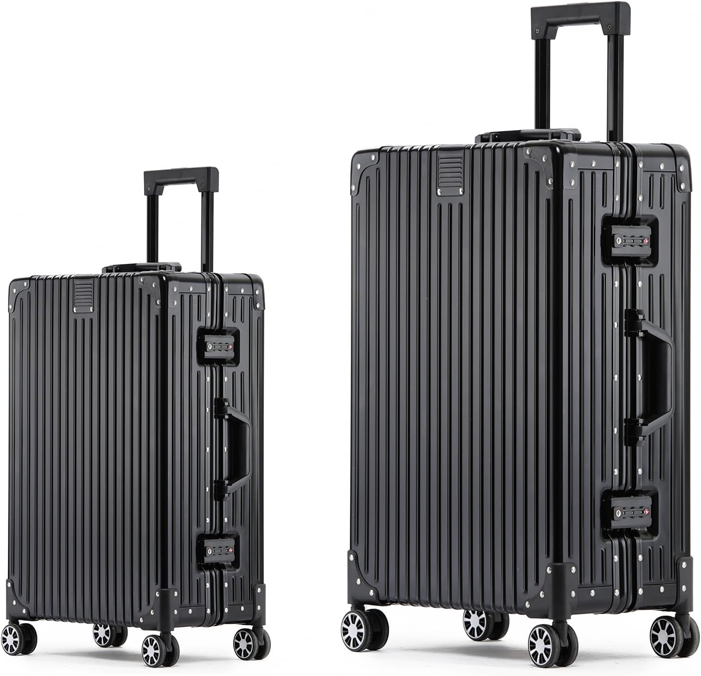 Metal All Aluminum Carry-on Luggage TSA Customs Lock Zipperless Silent Rotary Wheel Business Suitcase Aluminum Frame Set (black, 2Piece(20/26))