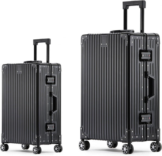 Metal All Aluminum Carry-on Luggage TSA Customs Lock Zipperless Silent Rotary Wheel Business Suitcase Aluminum Frame Set (black, 2Piece(20/26))