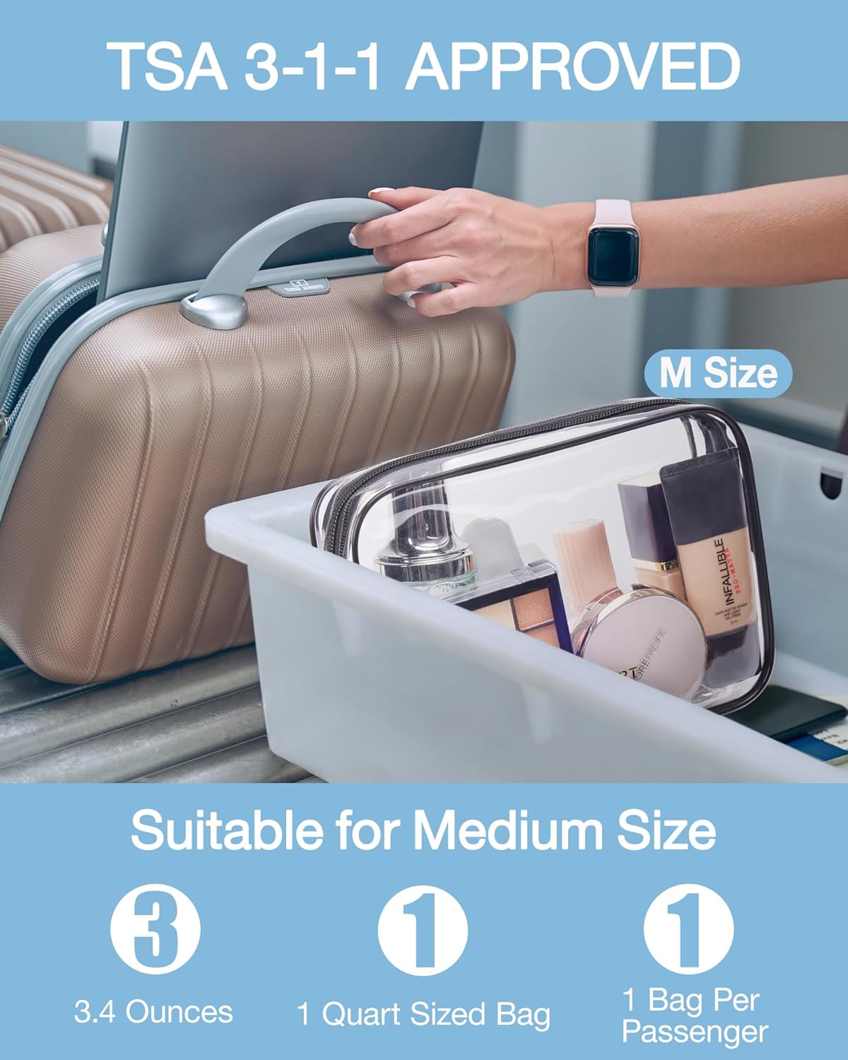 BAGSMART Clear Toiletry Bag, TSA Approved Travel Toiletry Bag Carry On Travel Accessories Bag Airport Airline Quart Size Bags water-resistant Makeup Bag for Women