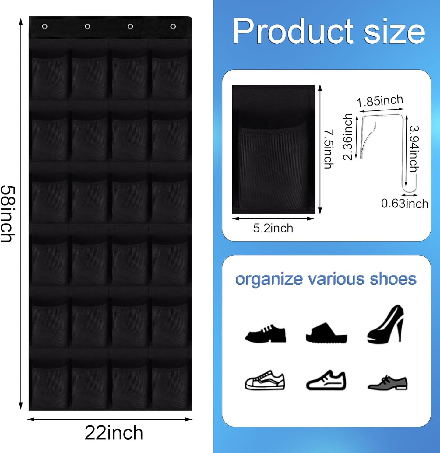 Over the Door Shoe Organizer, 24 Large Breathable Mesh Pockets, Hanging Storage Holder, Hanging Shoe Organizer(Black)