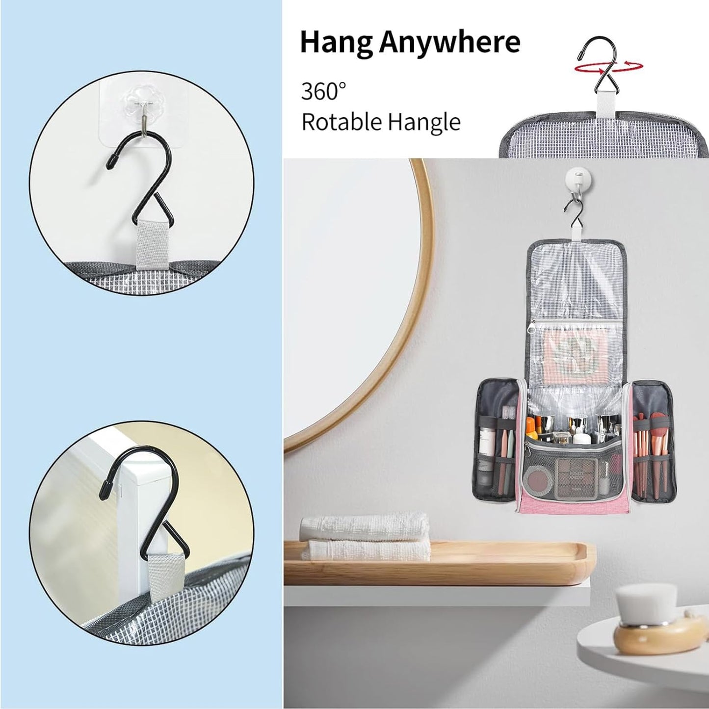 Della Gao Big Capacity Portable Travel Hanging Toiletry Bag Men and Women, Cosmetics Makeup Bag Toiletries Organizer, Water-Resistant Nylon Bathroom Bag, Pink