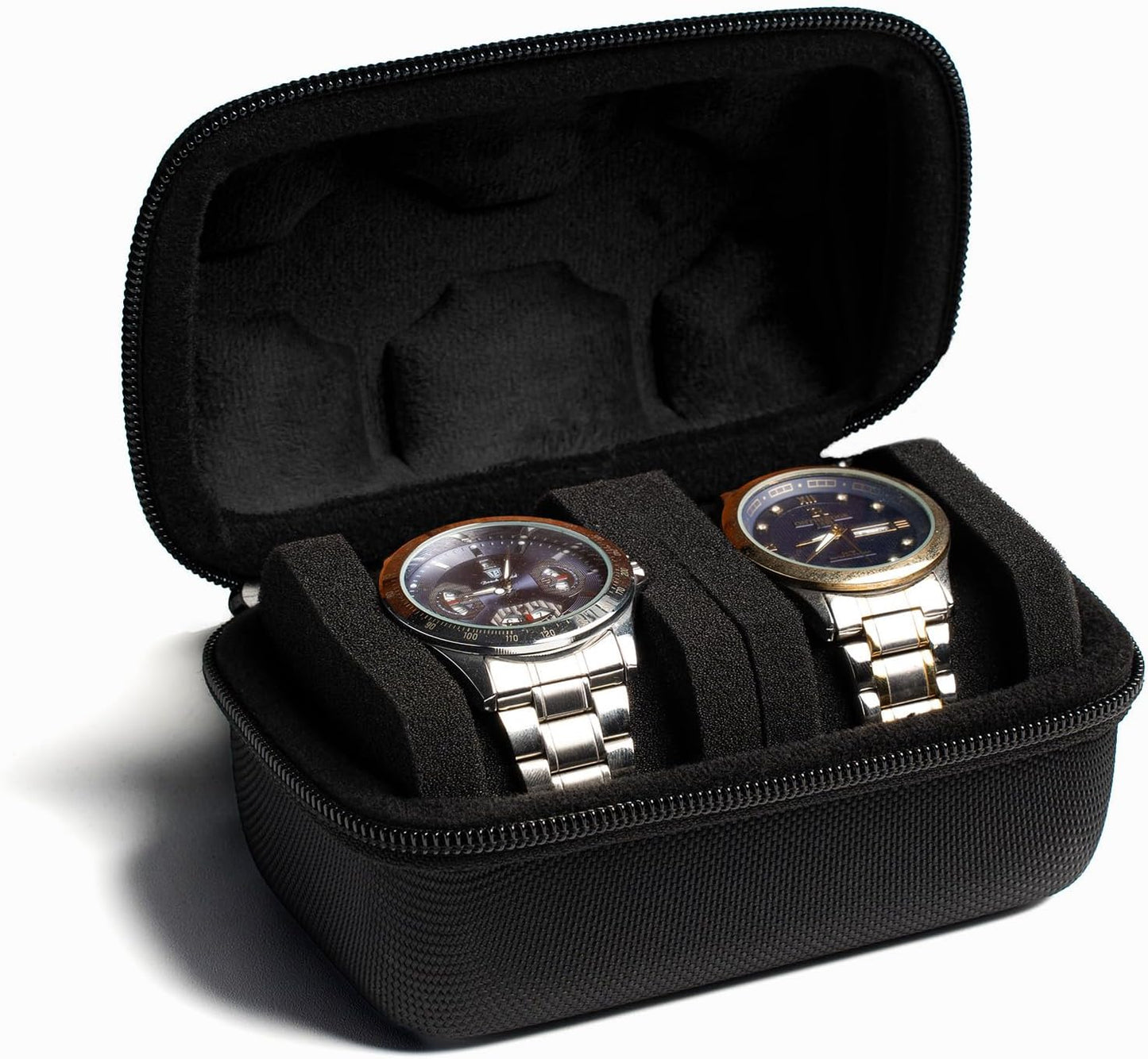 2 slot Hard Watch Travel Case, Watch Roll Case Storage and Organizer for Men and Women, with anti-move watch pillow (Black fabric 2 slot)
