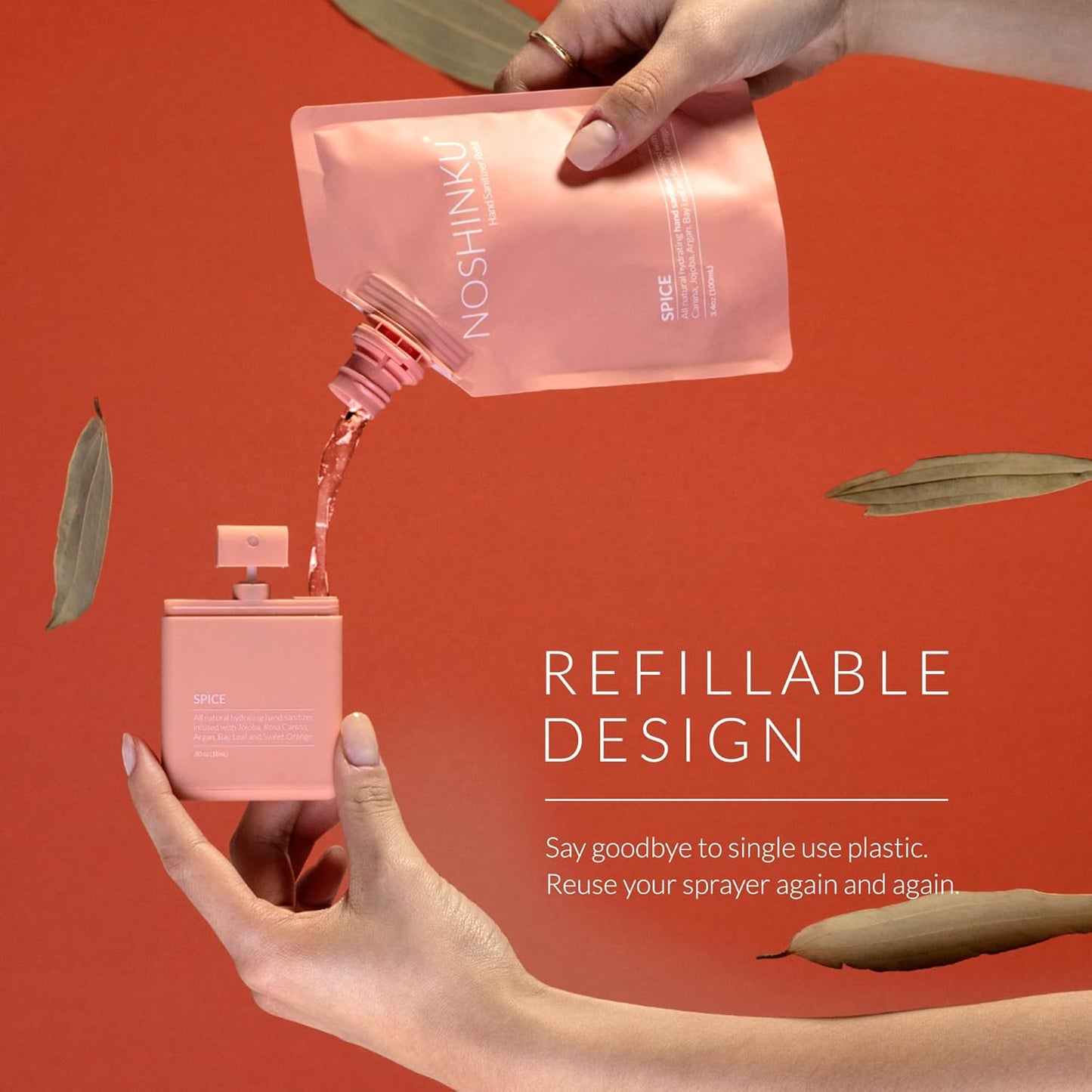 Noshinku - Refillable Hand Sanitizer Orange Coriander 3-Pack, Travel Size Spray, Hydrating Botanical Oils, Natural Ingredients, All Natural Fragrances, Sugarcane Derived Alcohol, No Parabens, No Dyes