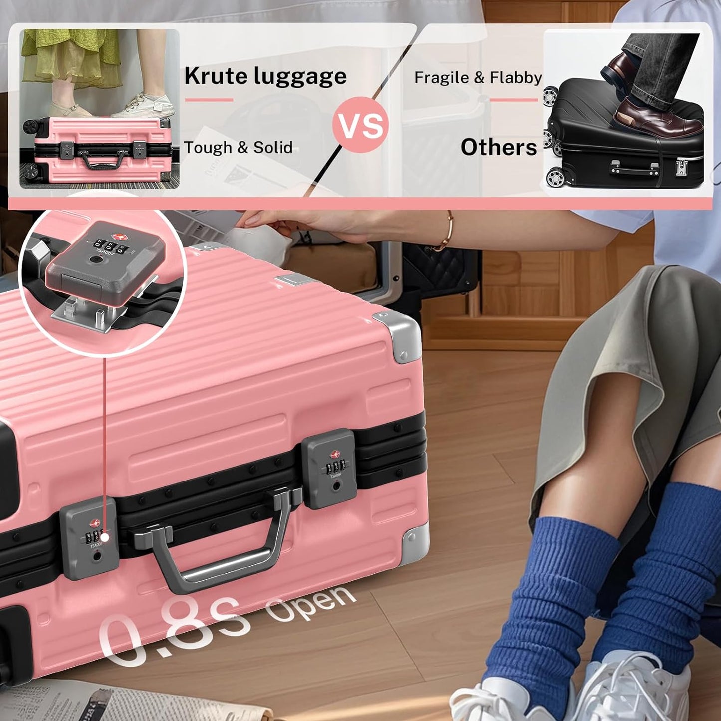 Krute Carry On Luggage 20 inch Aluminum Frame Suitcase with Spinner Wheels No Zipper Hardshell PC+ABS Luggages TSA Lock Zipperless Suitcases