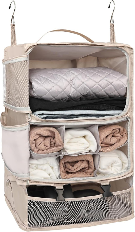 TABITORA Travel Portable Hanging Shelves Closet Organizer Packing Luggage Storage with Multifunctional and Foldable Invisible Compartment,Lightweight, for Suitcase, RV,Closet…Beige,XXL