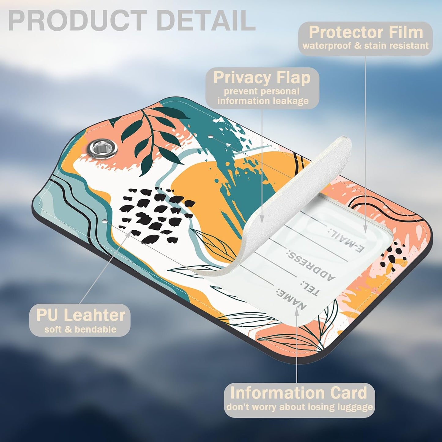 2 Pcs Boho Abstract Modern Art Luggage Tags for Suitcases PU Leather Baggage Tags Name ID Label with Privacy Cover and Stainless Steel Loop for Men Women Travel Bag Suitcase