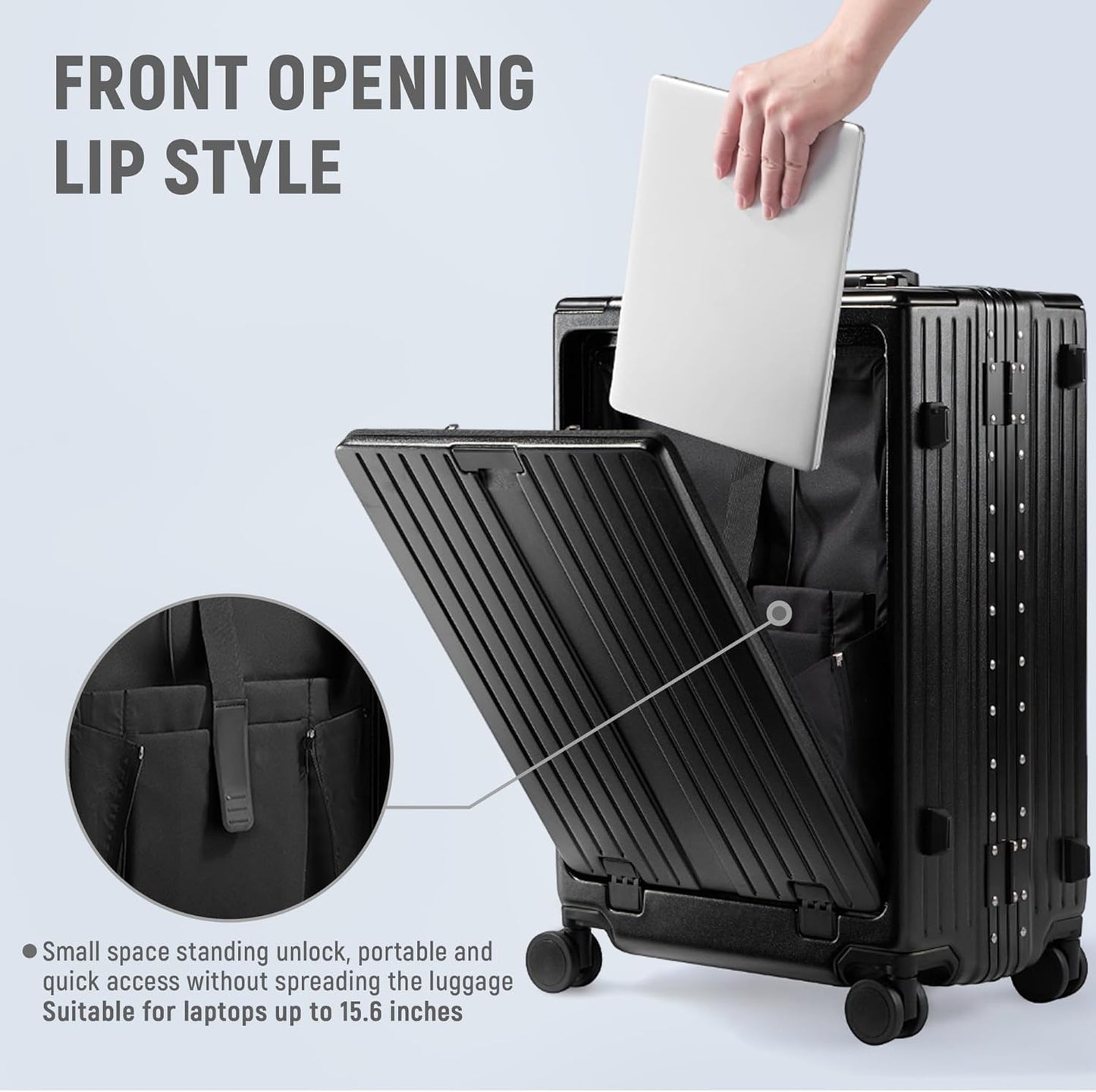 UrbanExplorer 24 Inch Check-In Aluminum Frame Luggage, ABS+PC Hard Shell Suitcases with Spinner Wheels TSA Approved Checked Luggage, Zipperless Suitcases with Cup Holder, Black