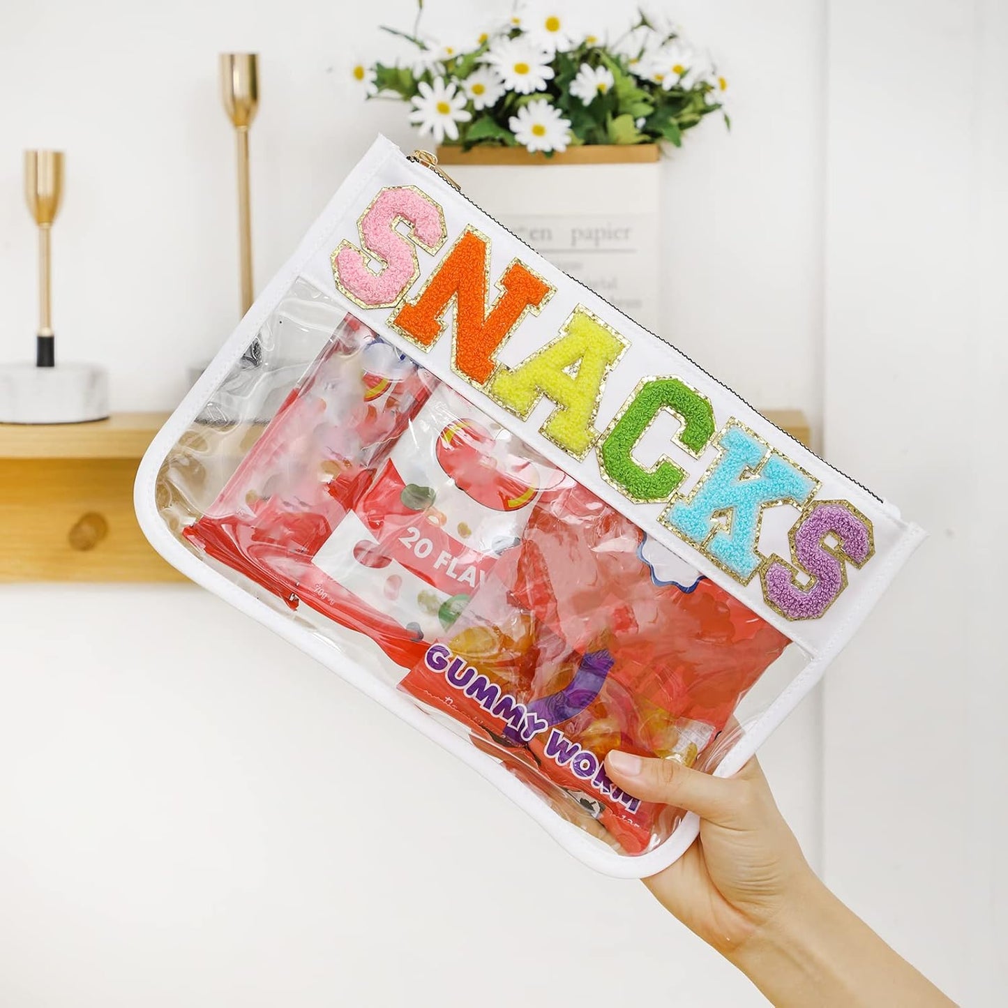 DYSHAYEN Chenille Letter Clear Zipper Pouch for Travel,Nylon Clear Cosmetic Bag,Makeup Travel Bag for Women Girls 11.8 Inches x 8.2 Inches