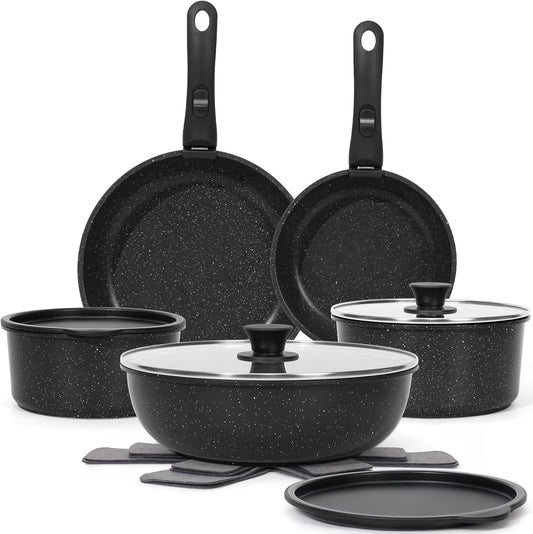 15Pcs Pots and Pans Set Non Stick, Cookware Sets with Detachable Handle, Nonstick RV Kitchen Cooking Tools Removable Handles, Oven Safe, Induction Fast, Stackable Induction Cookware,Black