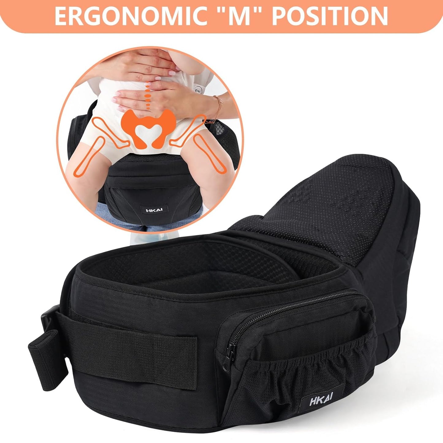 HKAI Baby Carrier Hip Seat, Mom’s Choice Award Winner, Advanced Large Capacity Pocket with Adjustable Waistband, Shock Absorption Hip Seat Surface for Newborns & Toddlers, (Black)