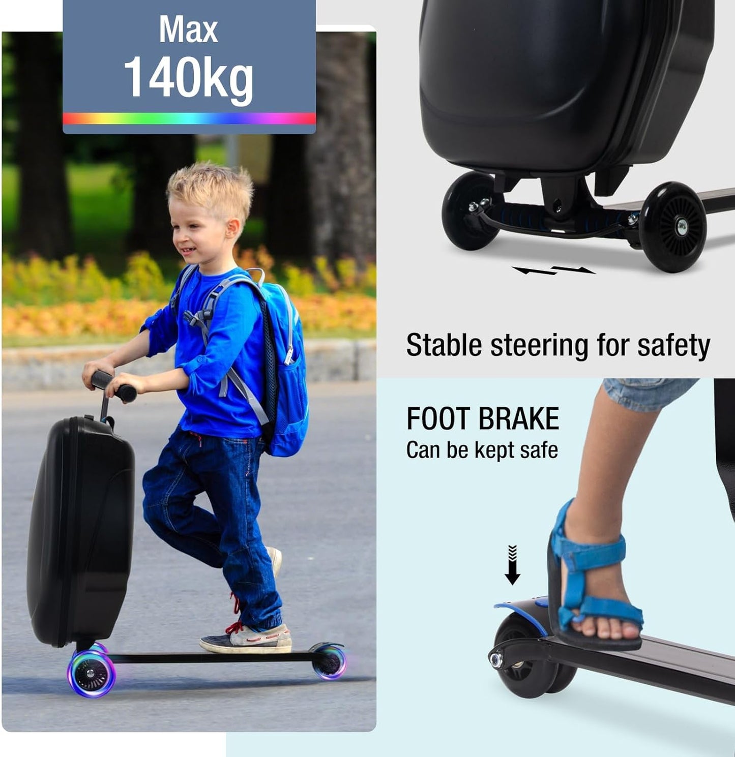 20" Scooter Suitcase for Kids, 2-in-1 Ride On Luggage with Wheels for Boys & Girls Ages 4-15, Foldable Hardshell Carry On Lightweight Travel Suitcase for Airplane