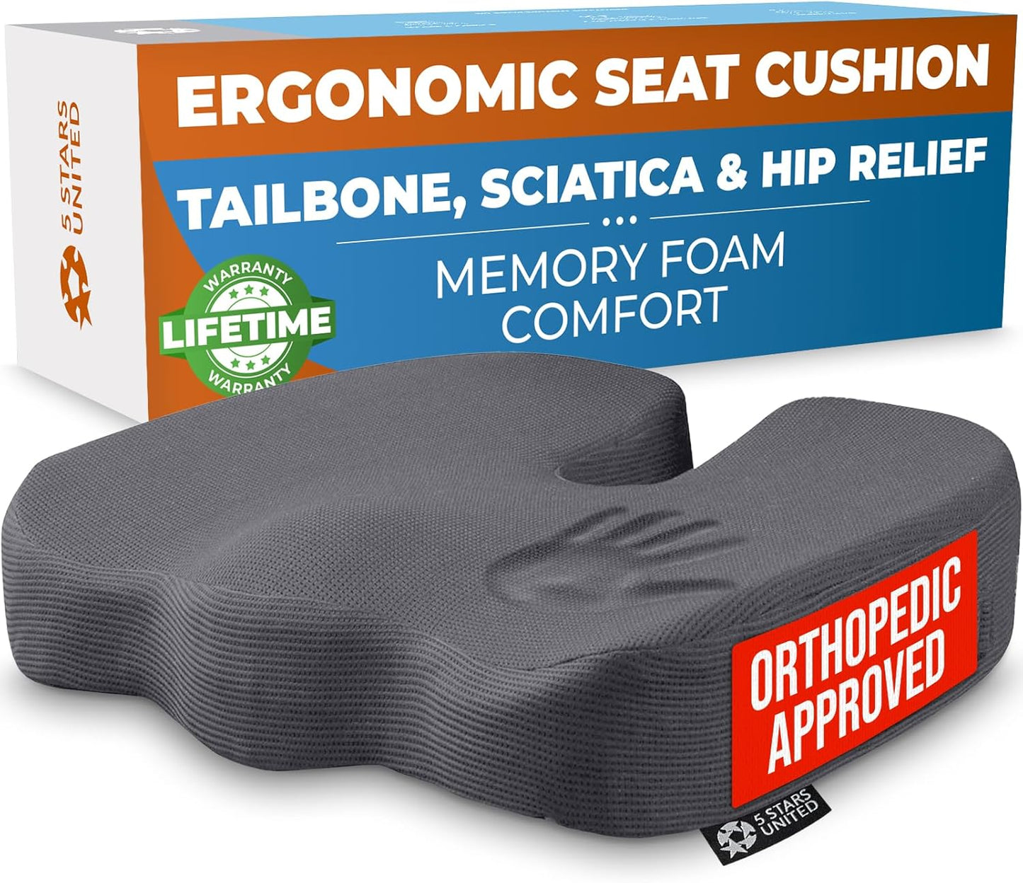 5 STARS UNITED Seat Cushion for Tailbone Pain Relief – Memory Foam Cushion for Coccyx, Hip, Hemorrhoid, Sciatica & Post-Surgery Recovery – Wheelchair, Car, Desk, Gaming & Office Chairs, D Gray