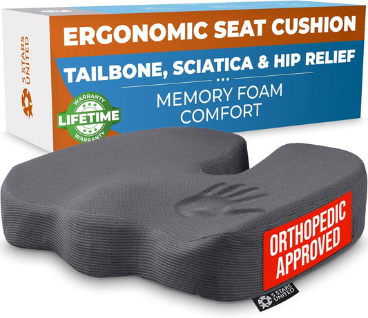 5 STARS UNITED Seat Cushion for Tailbone Pain Relief – Memory Foam Cushion for Coccyx, Hip, Hemorrhoid, Sciatica & Post-Surgery Recovery – Wheelchair, Car, Desk, Gaming & Office Chairs, D Gray