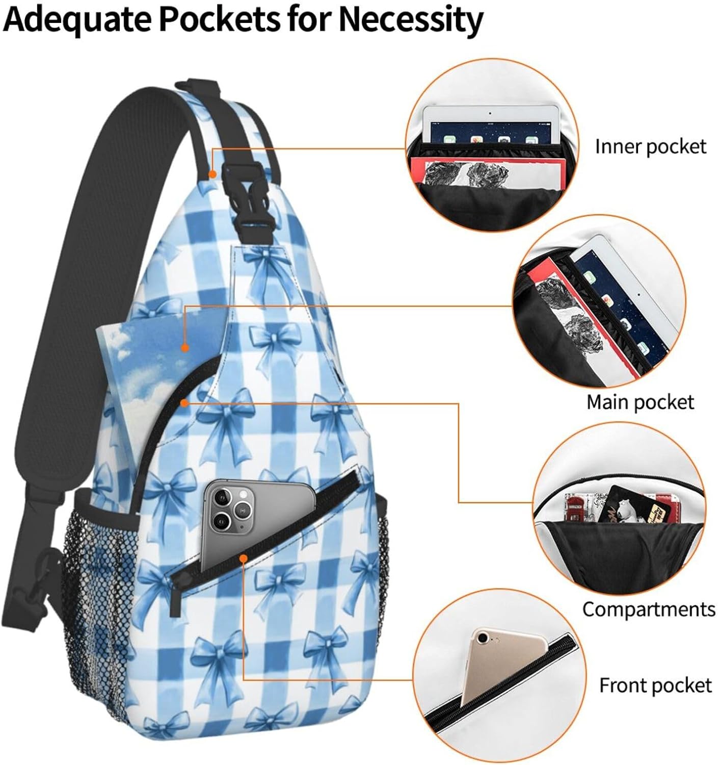 SUPLUCHOM Sling Bag Blue Bows Check Hiking Daypack Crossbody Shoulder Backpack Travel Chest Pack for Men Women