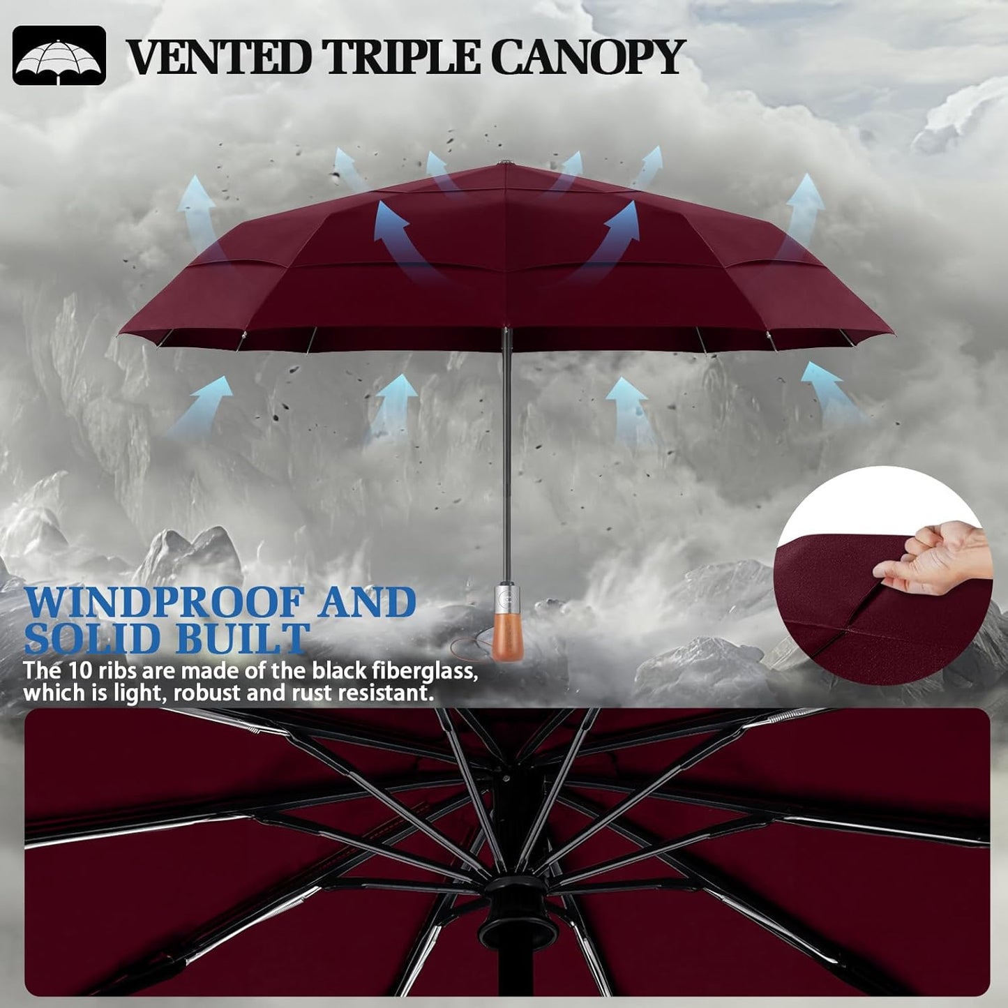 3T Wind Armor Travel Umbrella Compact Easy Auto Open Close Folding Umbrellas for Rain Windproof Umbrella for Women and Men Durable Real Wood Handle Portable Fits Backpack Car