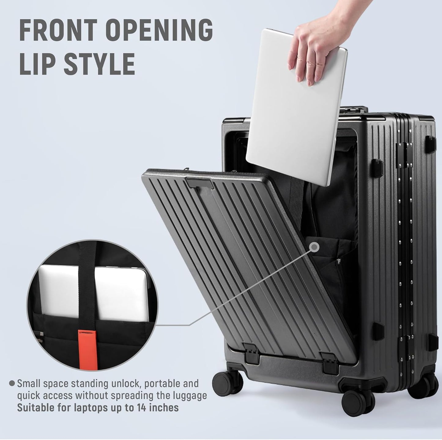 UrbanExplorer 20 Inch Carry On Luggage TSA Approved, Aluminum Frame Zipperless Luggage Carry On with Compartment for Short Trips, ABS+PC Hard Shell Suitcases with Spinner Wheels, Gray