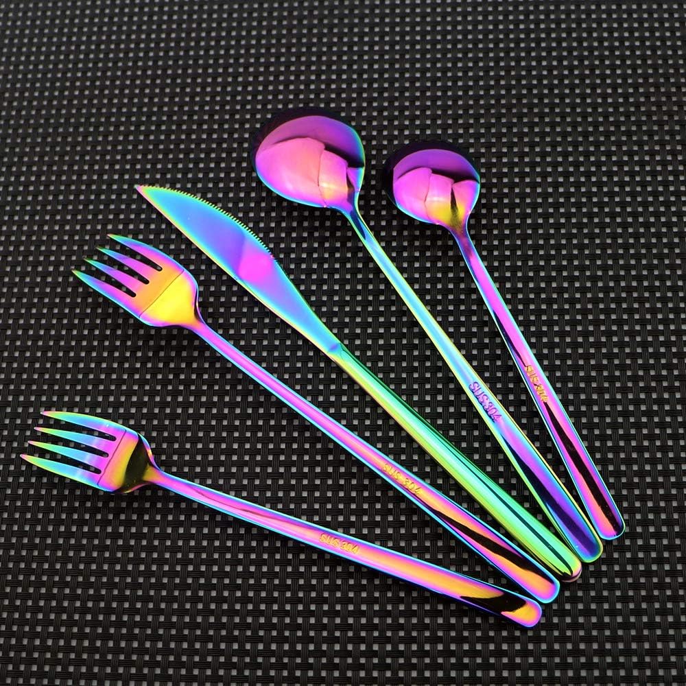 20 Pieces Silverware Set 304 Stainless Steel, Healthy & Eco-Friendly Silver Travel Mirror Polished Rainbow Knife Fork Spoon Salad Fork Dessert Spoon Flatware Set, Service for 4