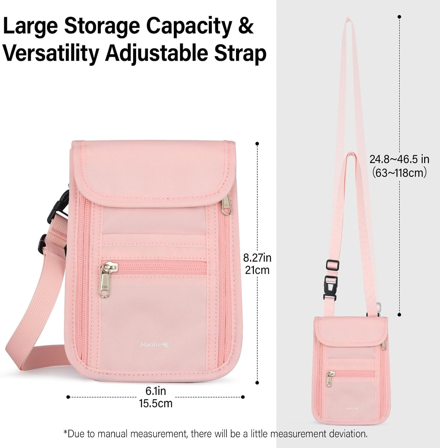 Hanke Passport Holder, Travel Wallet for Womens and Men, Neck Wallet Hidden Passport Pouch for Travel Adjustable Lightweight Thin with 6 compartments (Pink)