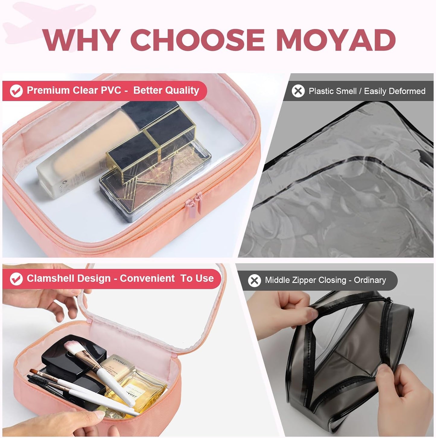 Moyad TSA Approved Clear Toiletry Bag, 1 Pack Quart Size 3-1-1 Liquids Pouch for Travel, Transparent Makeup & Cosmetic Organizer for Women Men, Peach Pink