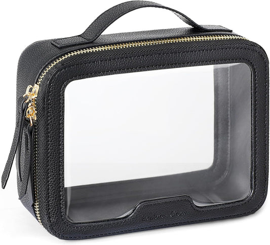 PACKISM TSA Approved Toiletry Bag - Pebbled Texture & Hard PU Leather Clear Quart Size Travel bag TSA Approved, Clear Travel Bag for Toiletries, Toiletry Bag for Women Gift (Black Medium)