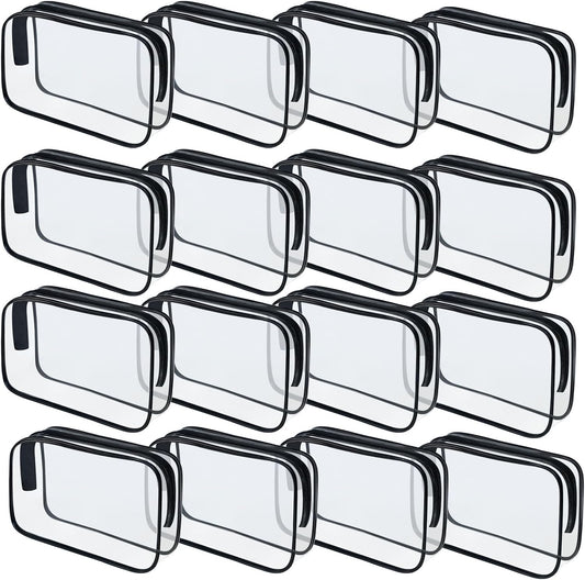 16 Pieces Clear Makeup Bags Bulk, TSA Approved Toiletry Bag for Travel, PVC Waterproof Travel Pouches Clear Pouch with Zipper for Men and Women Carry-on Travel Essentials Cosmetic Bags (Black-M)
