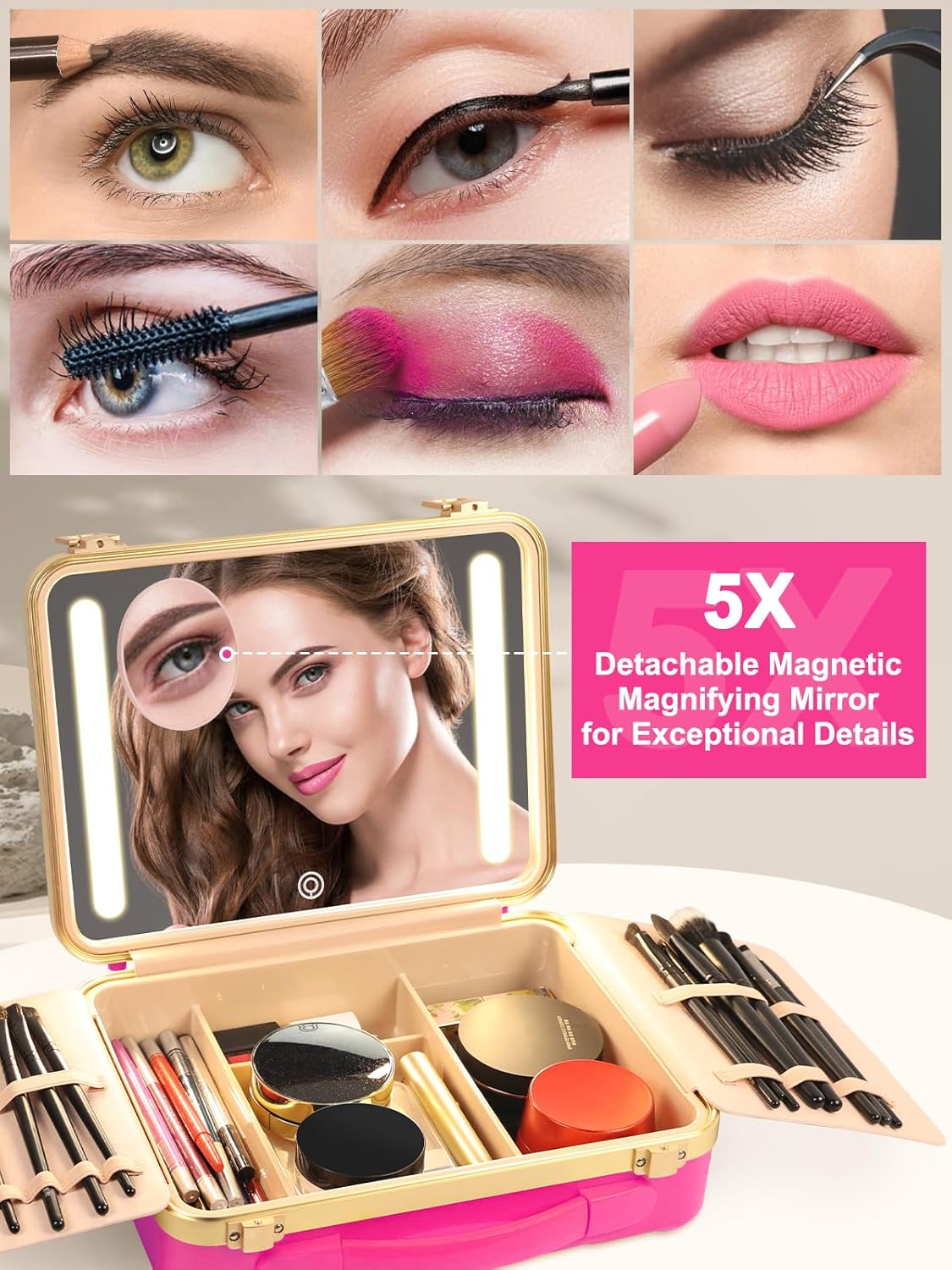 Kalolary Travel Makeup Train Cases with Lighted Mirror 3 Color Setting, Makeup Bag Cosmetic Case Organizer Adjustable Brightness Portable Makeup Storage Box with Detachable 5X Magnifying Mirror, Pink